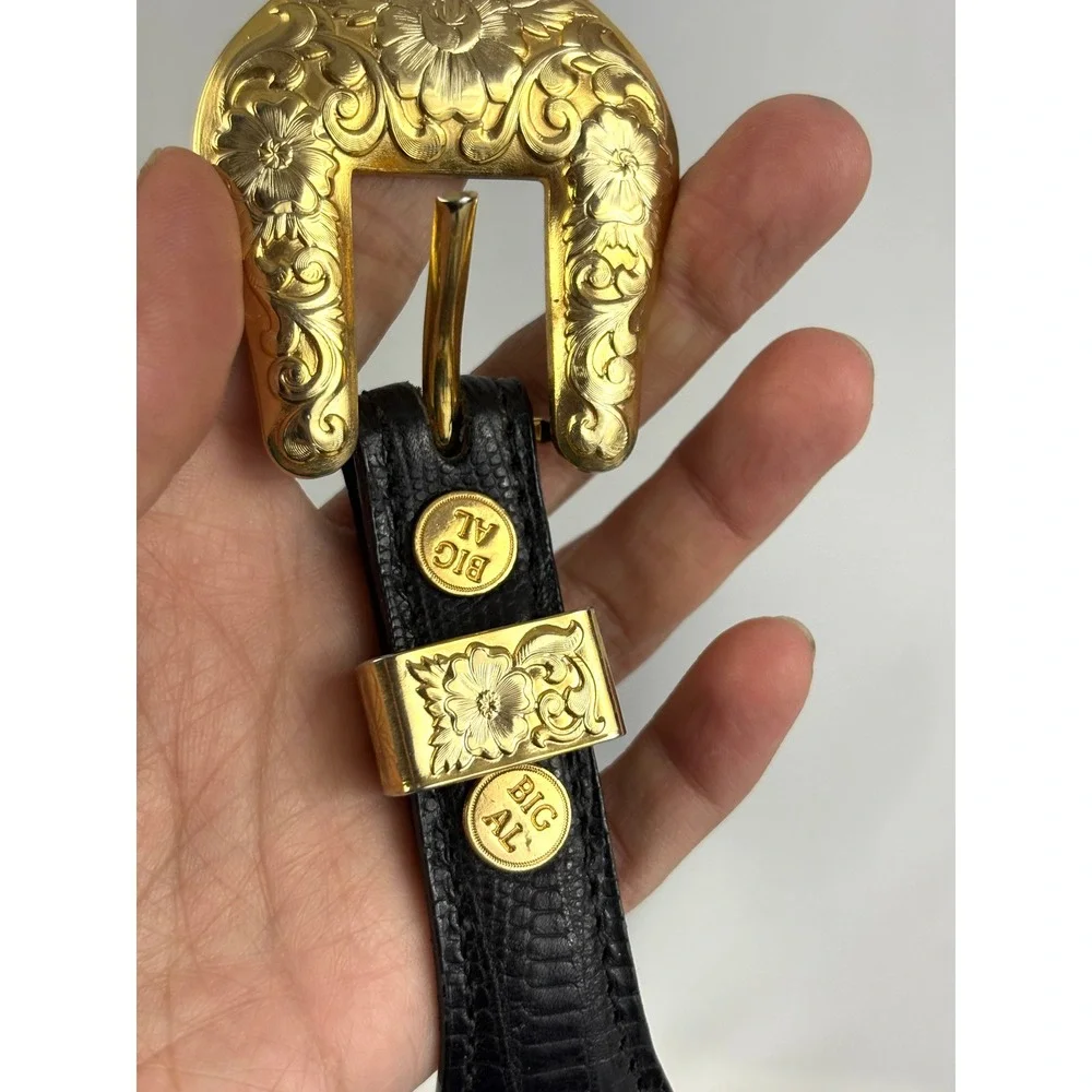 Big Al Western Leather Belt Gold Tone Buckle German Silver Black Size 28 Vintage